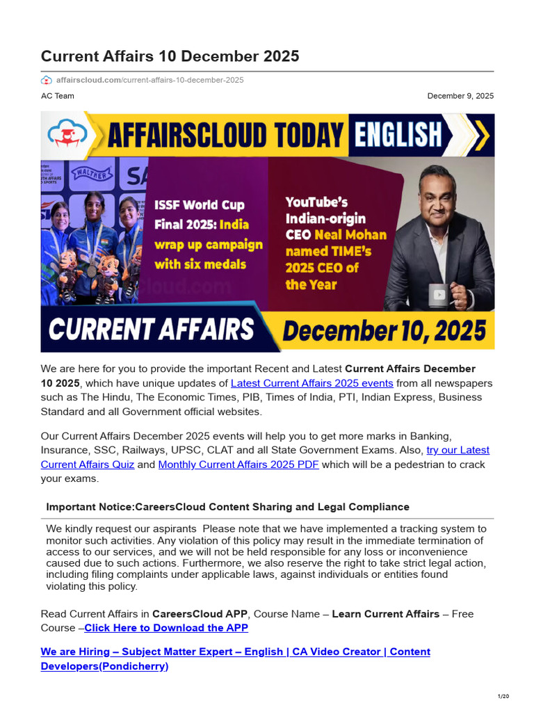 Current Affairs December 10, 2025 | PDF | Genocides | Intel