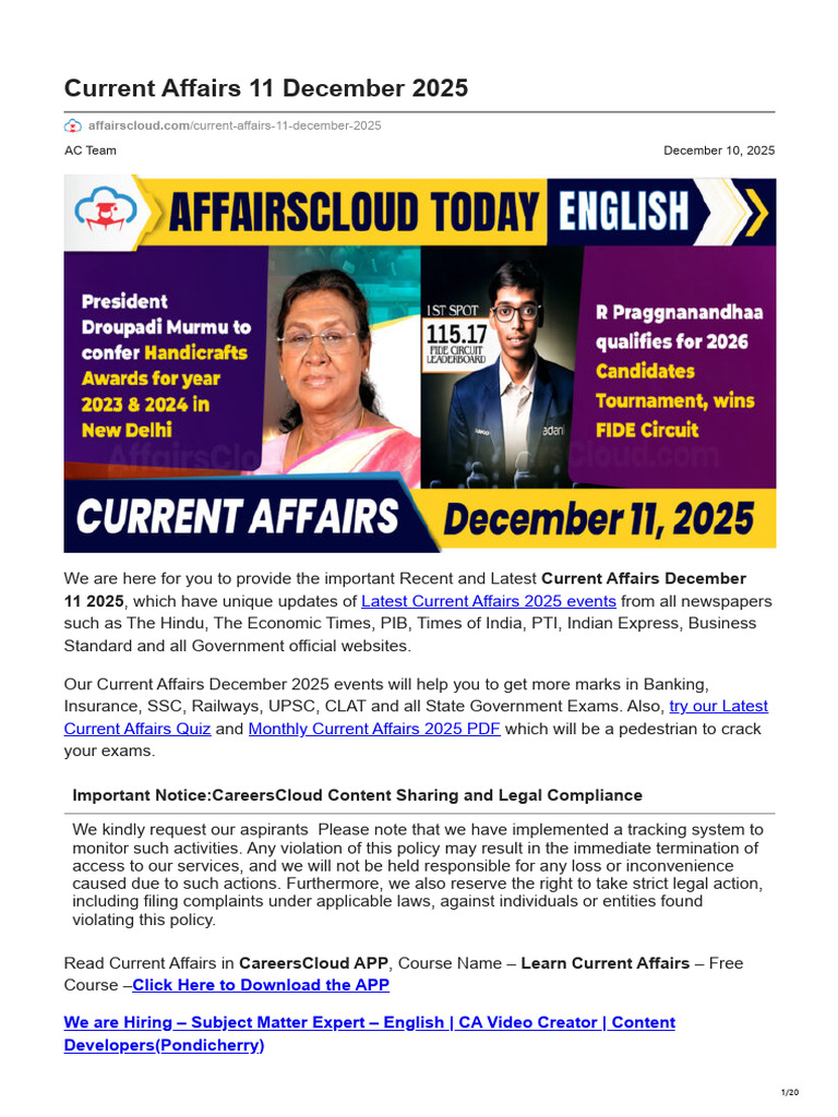 Current Affairs December 11, 2025 | PDF | Over The Counter (Finance ...