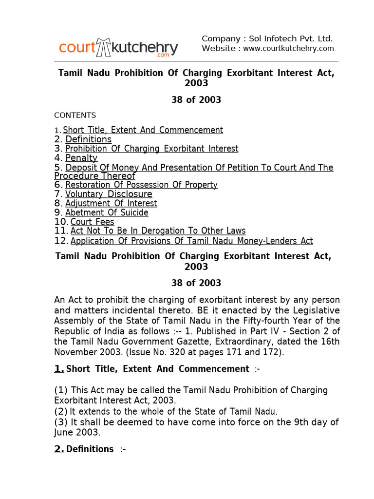 Tamil Nadu Prohibition of Charging Exorbitant Interest Act 2003 | PDF ...
