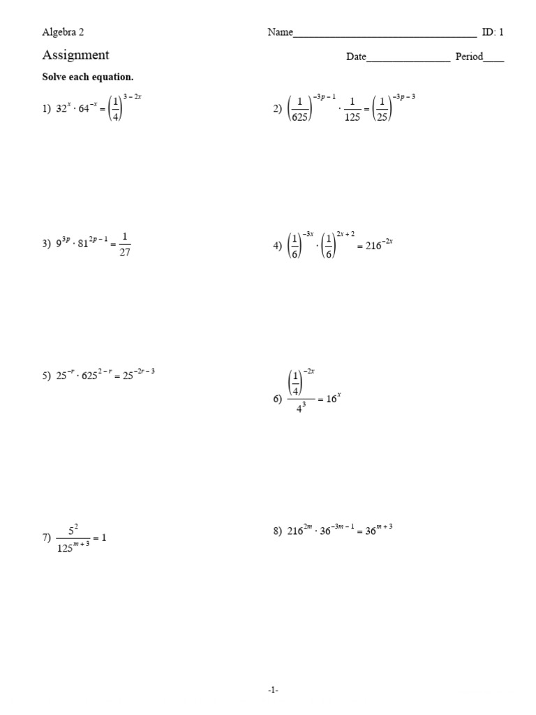 Algebra 2 Assignment Worksheet | PDF | Equations | Mathematical Concepts