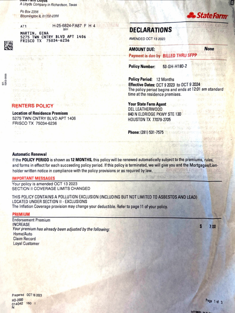 State Farm Renters Policy Details | PDF | Insurance | Deductible