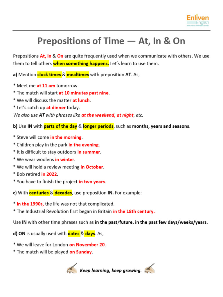 Prepositions of Time (At, in & On) | PDF