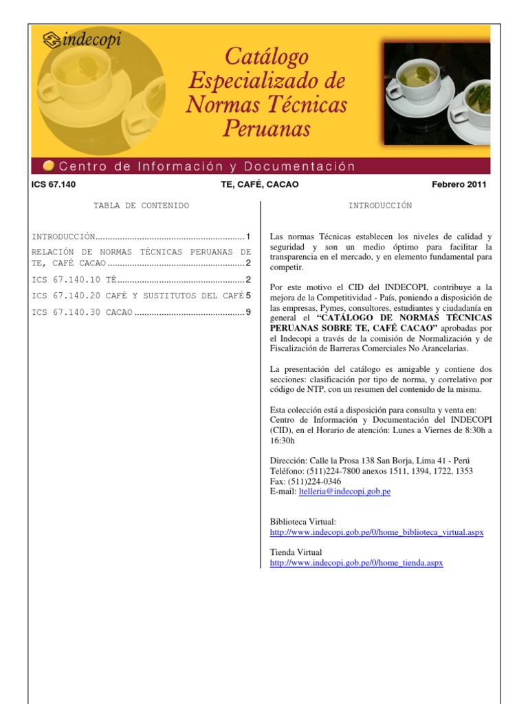 Normas Tecnicas Peruanas NTP CAFE Sólidos de cacao Café