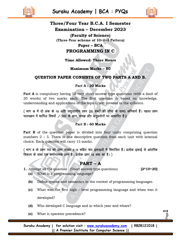 BCA Programming in C Exam Paper 2023 | PDF | Pointer (Computer ...