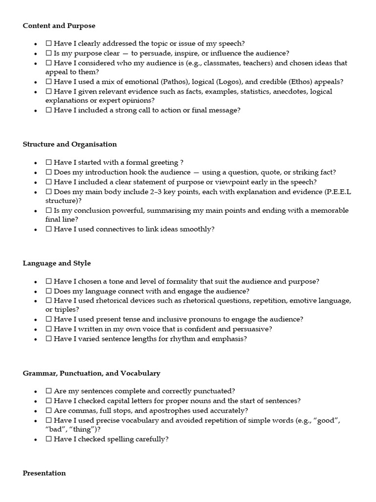 Effective Speech Writing Checklist | PDF