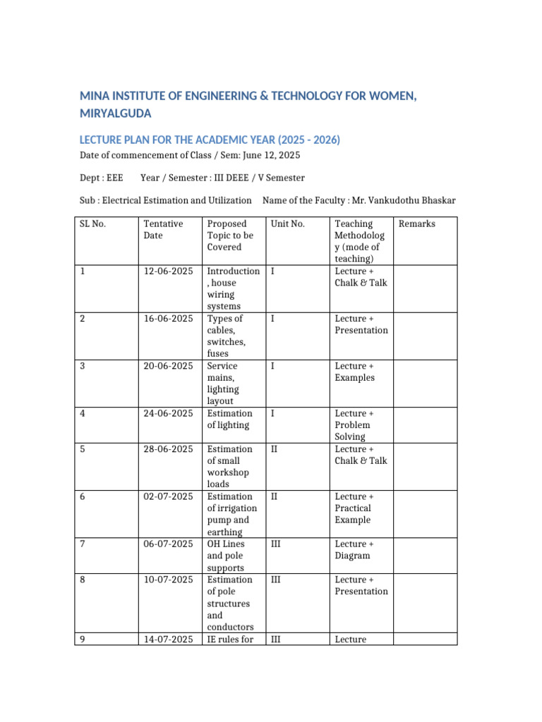 EEE Lecture Plan 2025-2026 Overview | PDF | Electrical Engineering ...