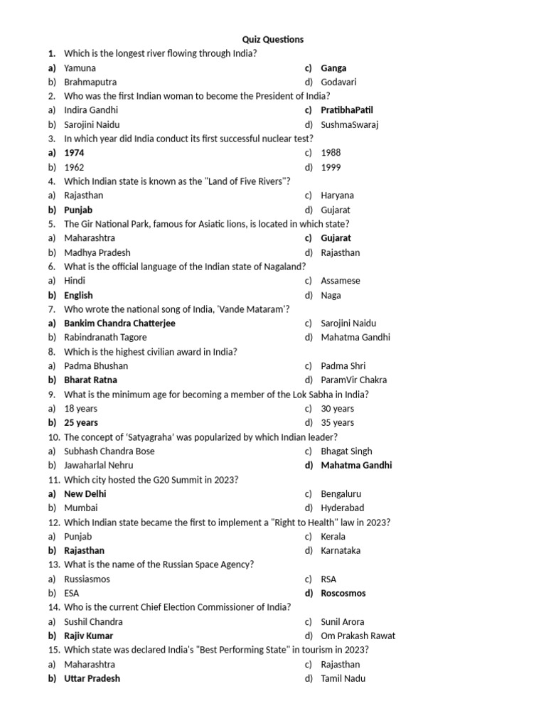 India Quiz: Geography, History & Awards | PDF
