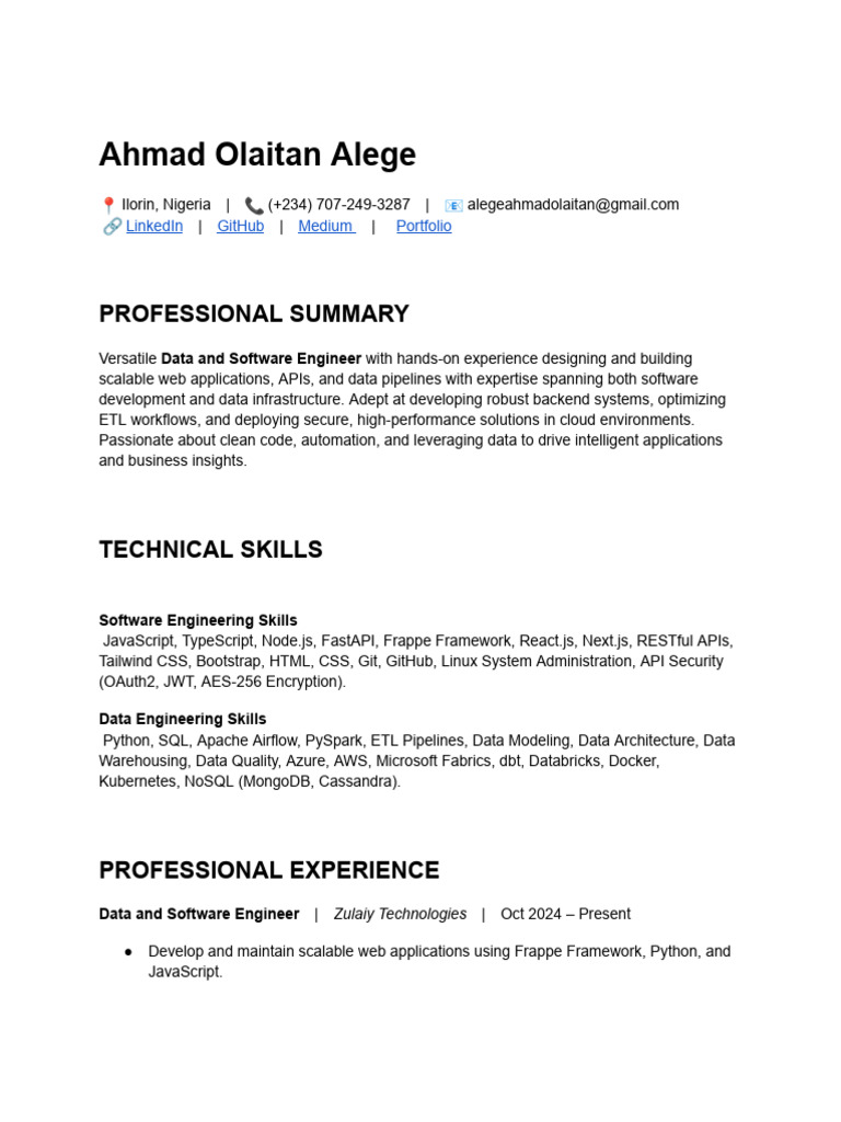 Data and Software Engineer Resume | PDF | Apache Spark | No Sql
