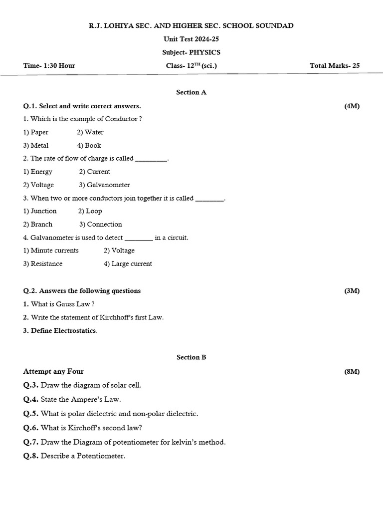 Class 12 Physics Unit Test 2024-25 | PDF