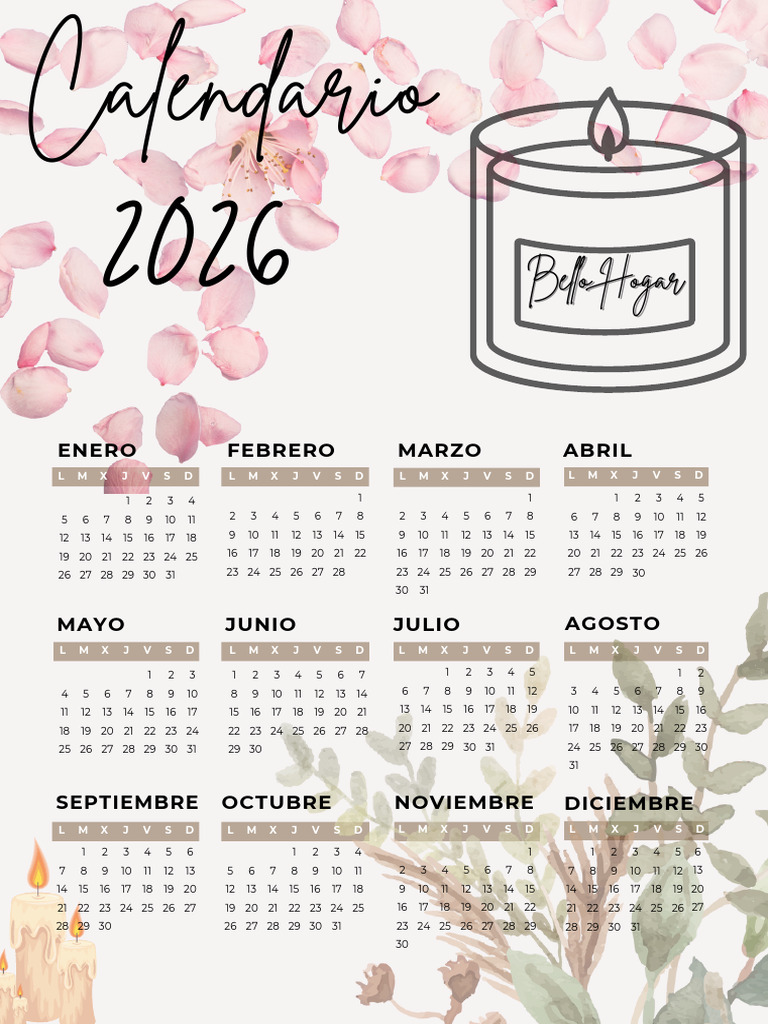 Documento A4 Calendario 2026 Floral Pixelado Retro Rosa Púrpura ...
