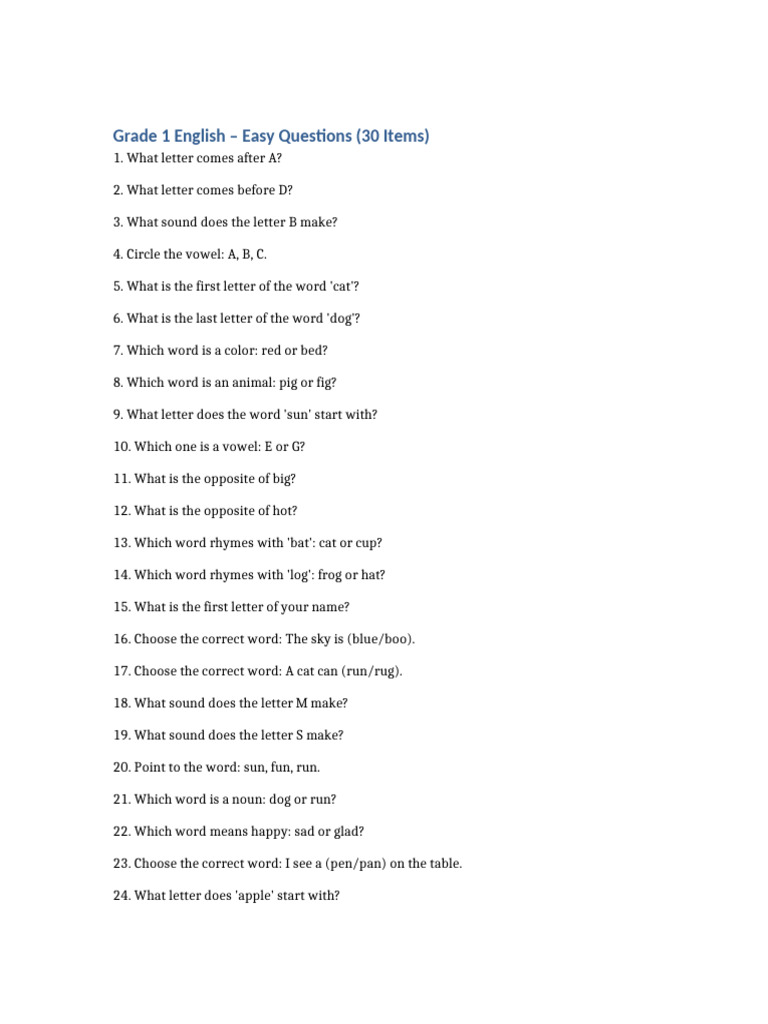 Grade 1 English: 30 Easy Questions | PDF