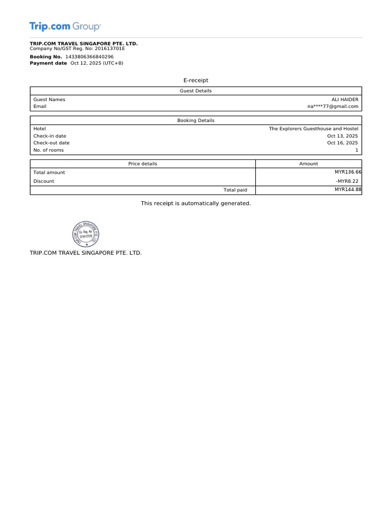 Hotel Booking 1433806366840296 E-Receipt | PDF