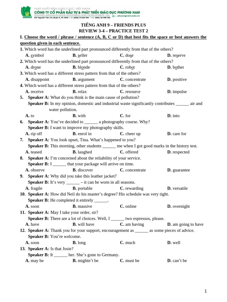 TA 9 Friends Plus Review 3-4 Practice Test 2 | PDF | Mood (Psychology ...
