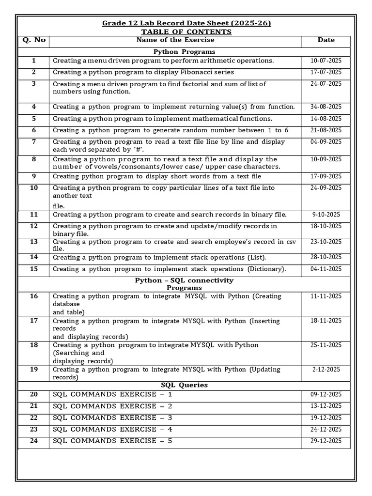 Grade 12 Python Lab Record 2025-26 | PDF | Sql | Python (Programming ...