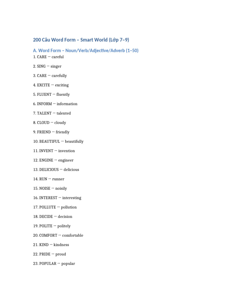 200 Word Forms for Grades 7-9 | PDF | Linguistic Typology | Grammar