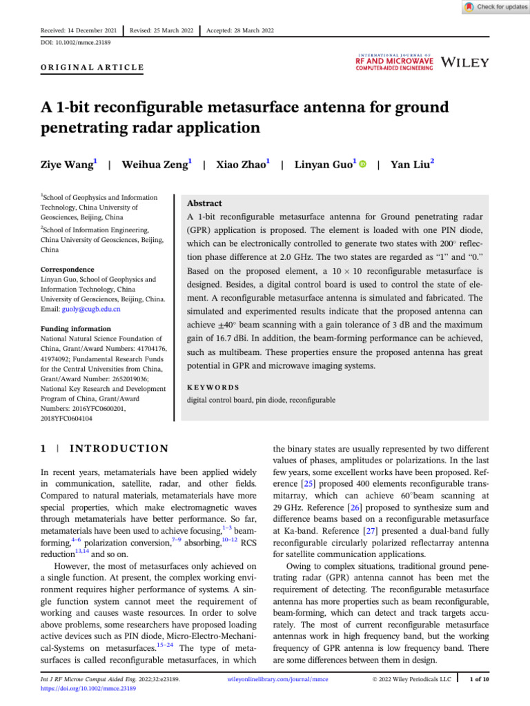 A 1‐bit reconfigurable metasurface antenna for ground penetrating radar ...