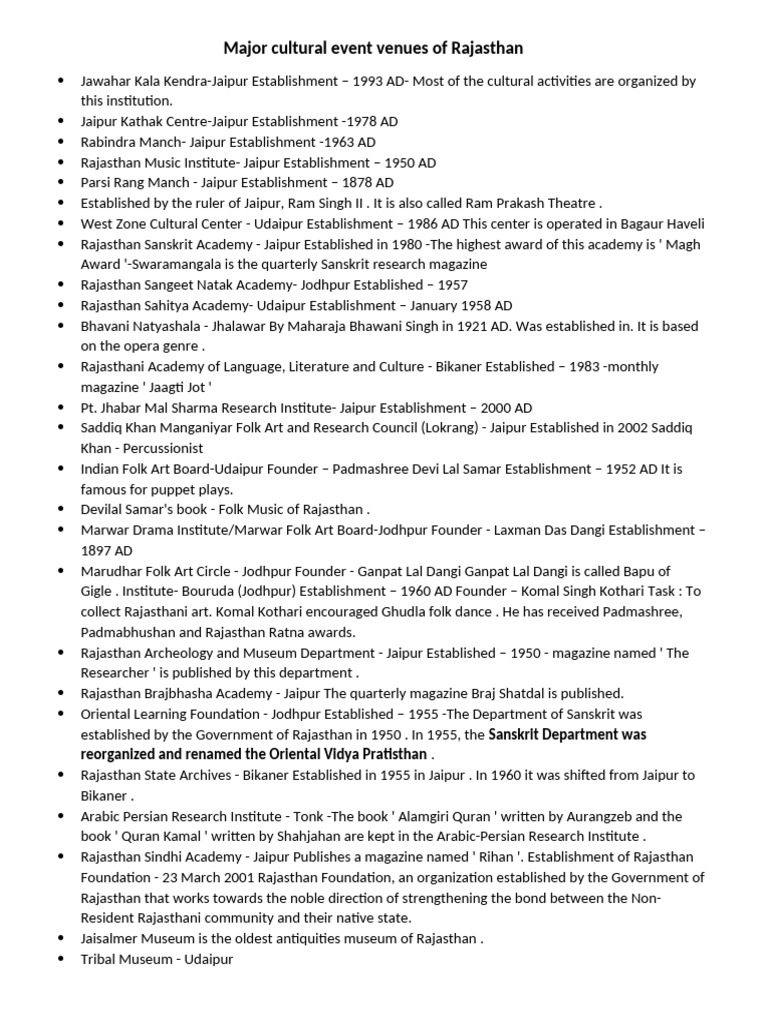 Cultural Venues of Rajasthan | PDF