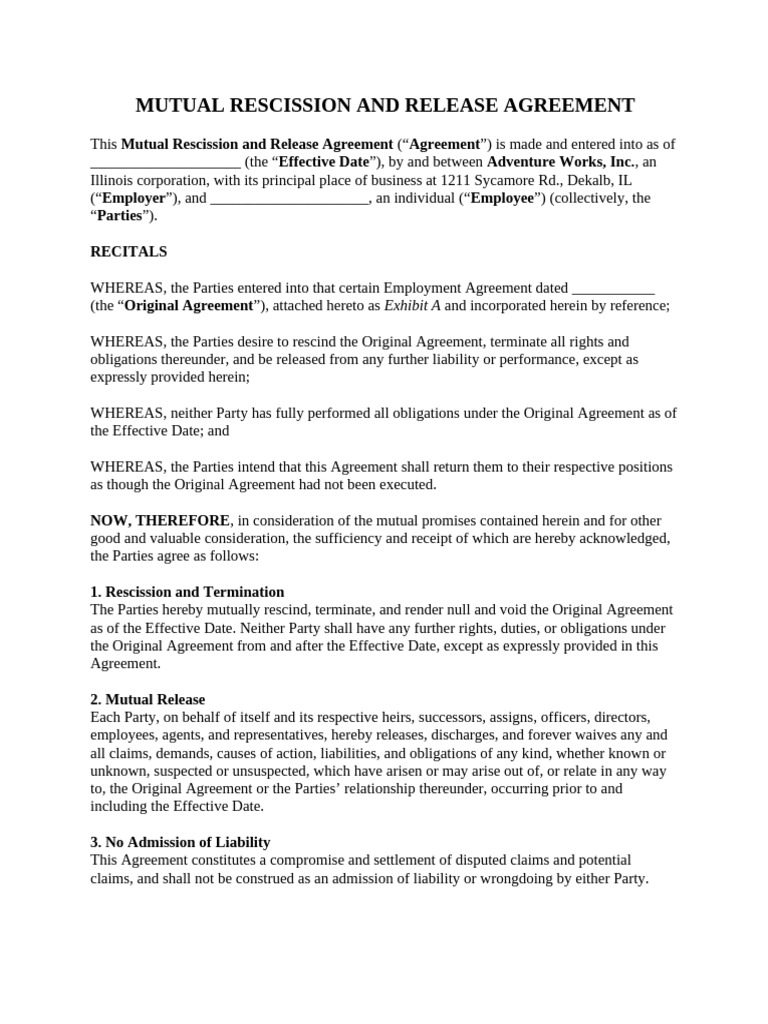 Mutual Rescission Agreement Template | PDF | Business Law | Civil Law ...