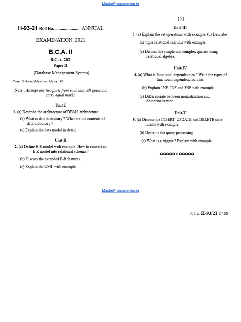 BCA II Database Management Exam Guide | PDF | Databases | Data Model