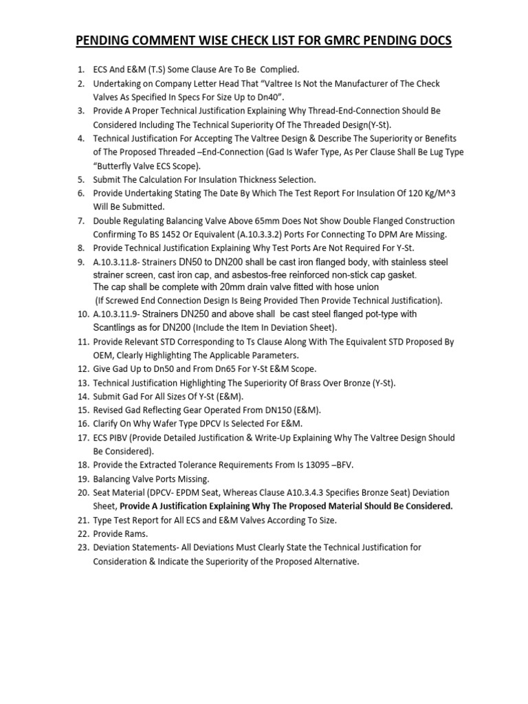 GMRC Pending Docs Compliance Checklist | PDF | Valve | Mechanical ...