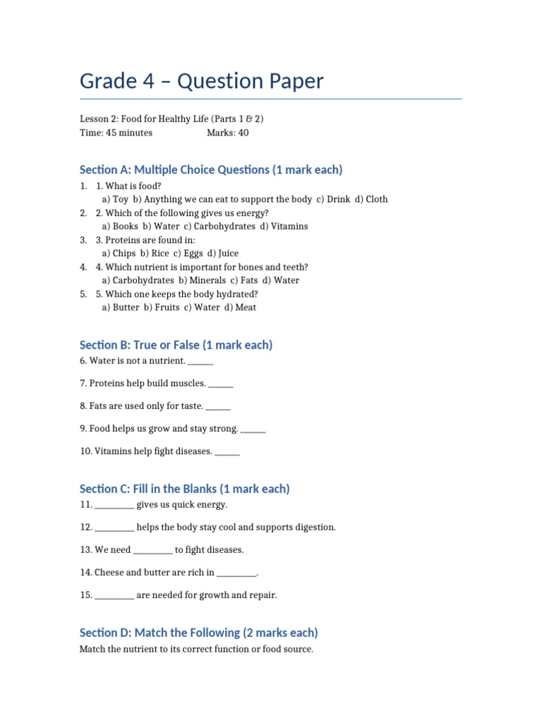 Grade 4 Healthy Food Question Paper | PDF