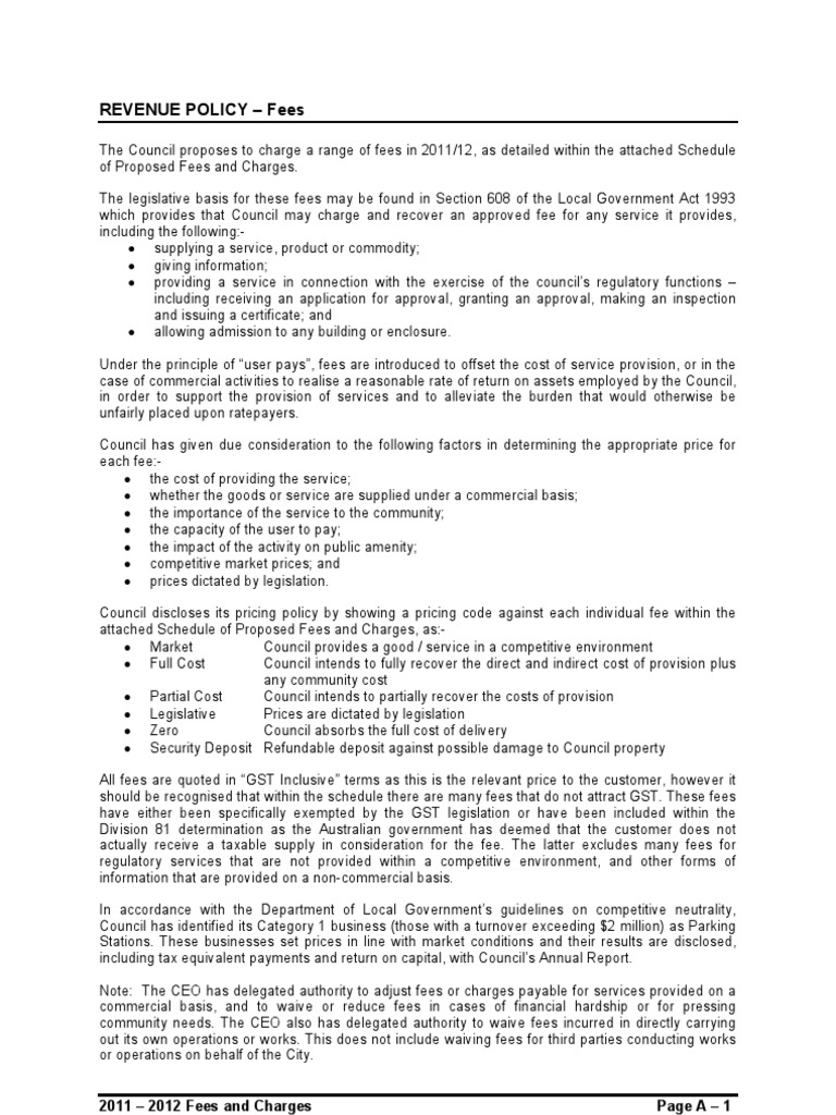 2011-12 Council Fees and Charges Overview | PDF | Fee | Prices