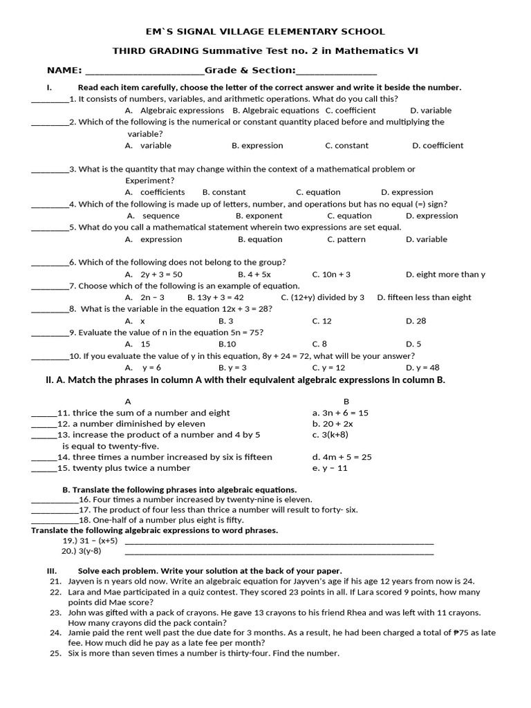 Math VI Third Grading Test Guide | PDF | Equations | Variable (Mathematics)