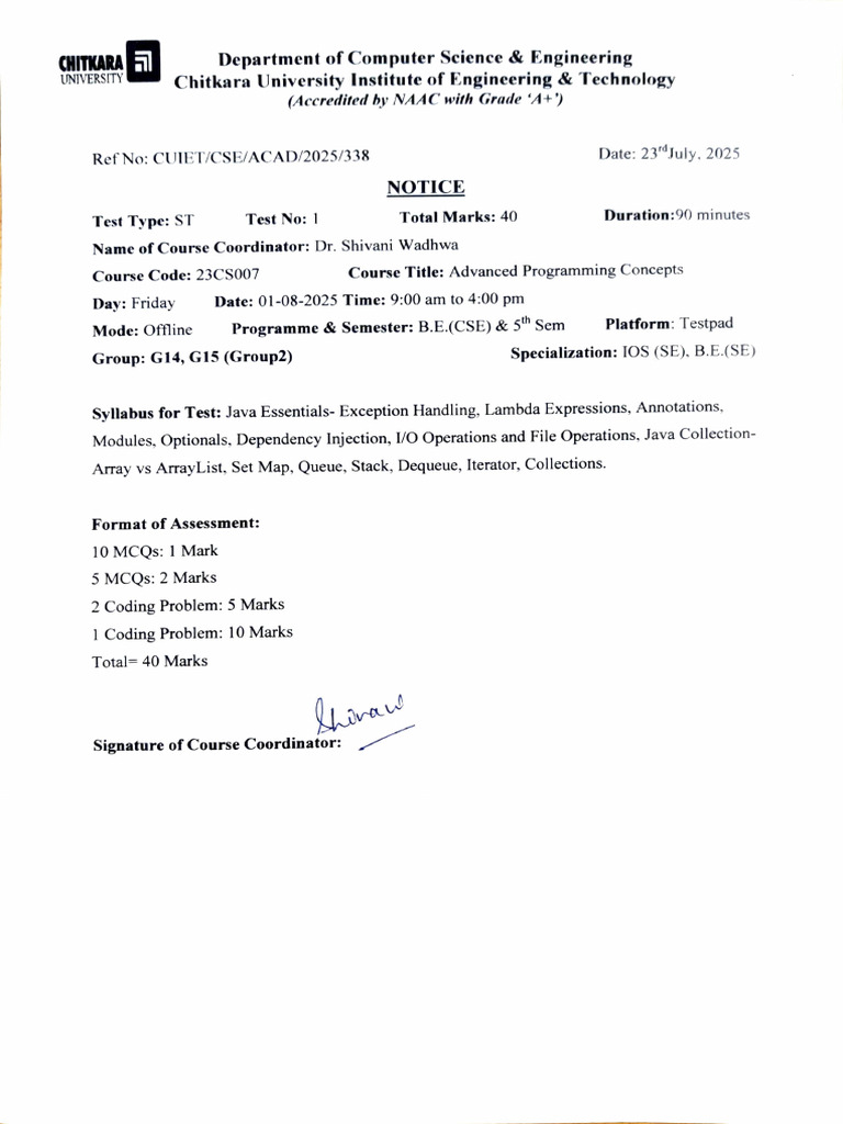 Advanced Programming Test Notice | PDF