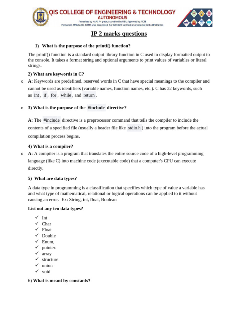 Ip 2 Marks Questions | PDF | Pointer (Computer Programming) | Computer ...