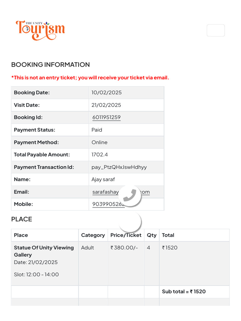 Statue of Unity Booking Confirmation | PDF