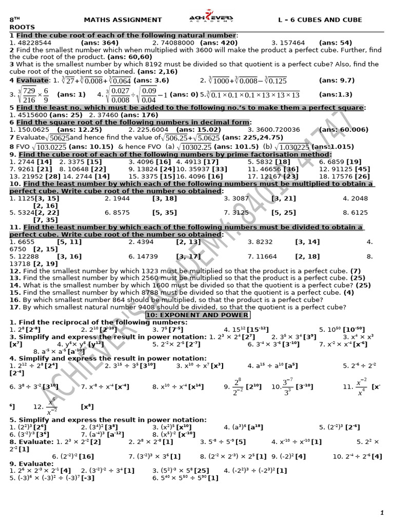 8th Grade Maths: Cubes and Roots Assignment | PDF | Square Root ...