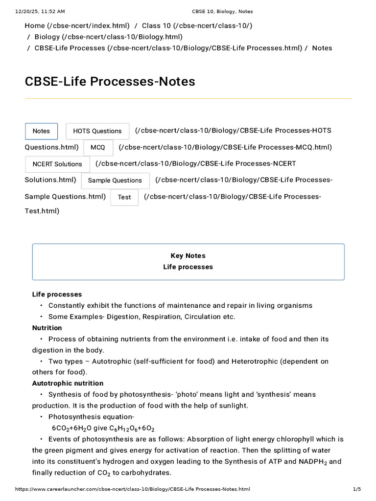CBSE Class 10 Biology Life Processes Notes | PDF | Digestion | Cellular ...