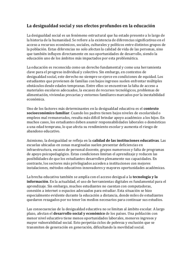 La desigualdad social y sus efectos profundos en la educación | PDF ...