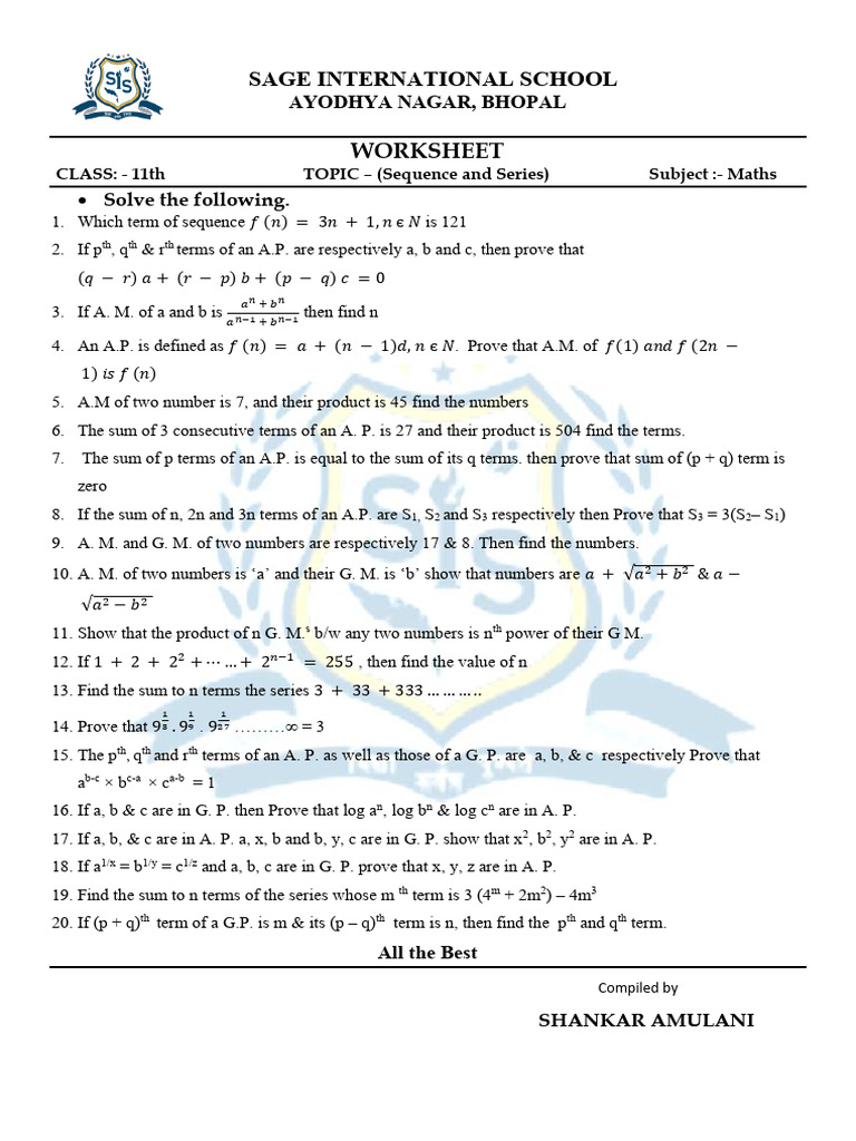 Class 11 Maths Worksheet: Sequences & Series | PDF