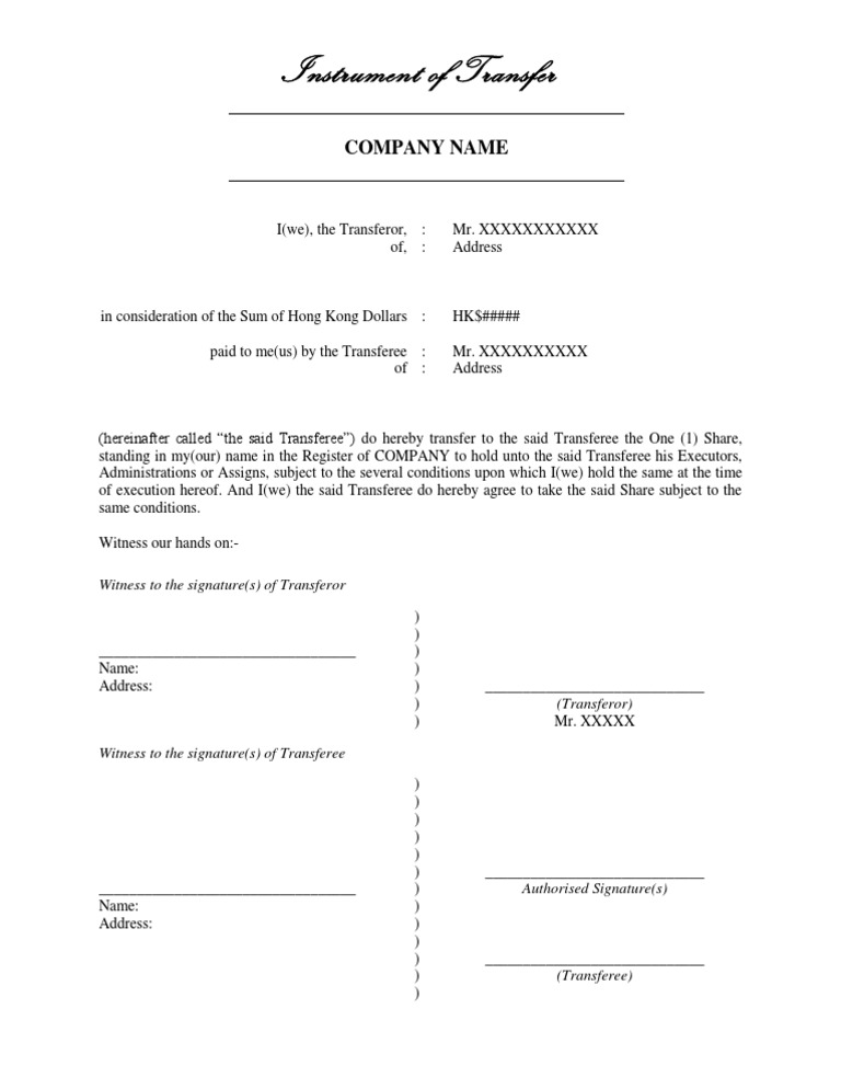 Instrument of Transfer Sample