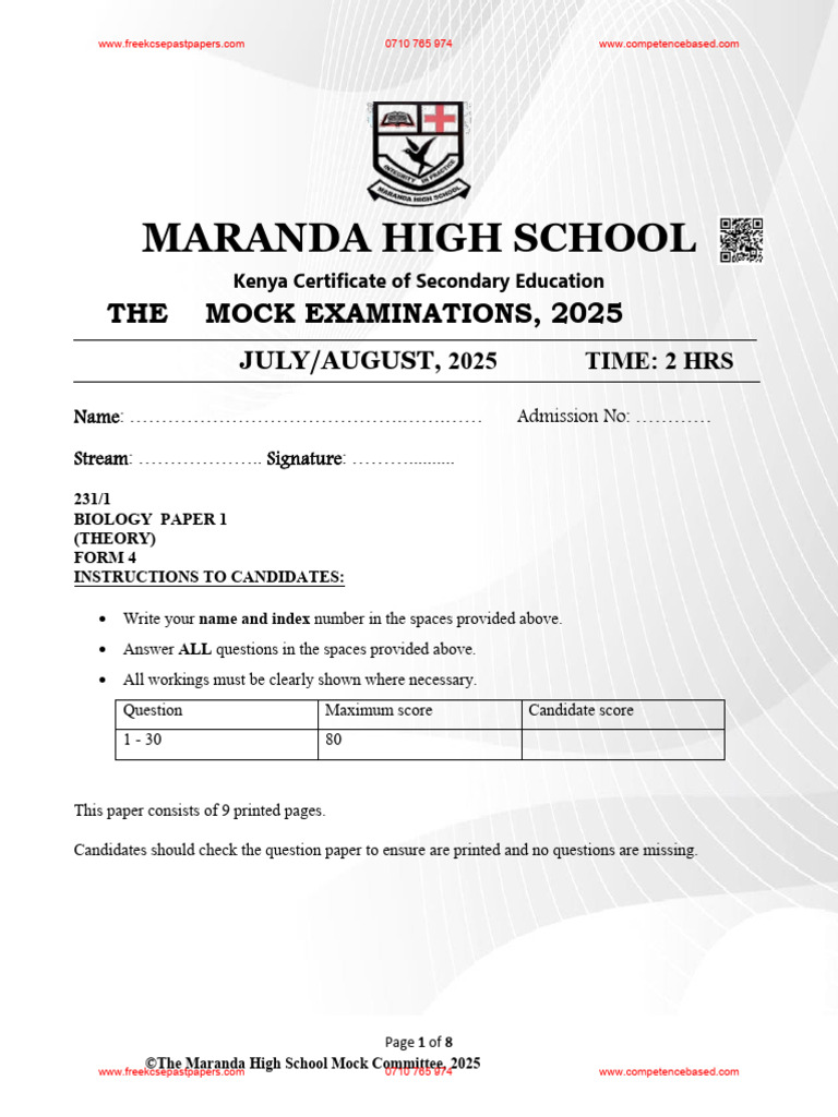 Maranda High School Biology Mock Exam 2025 | PDF | Genotype | Menstrual ...