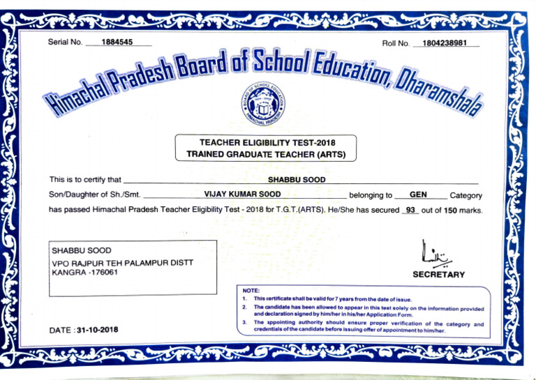 Himachal Pradesh TGT Arts Certificate | PDF