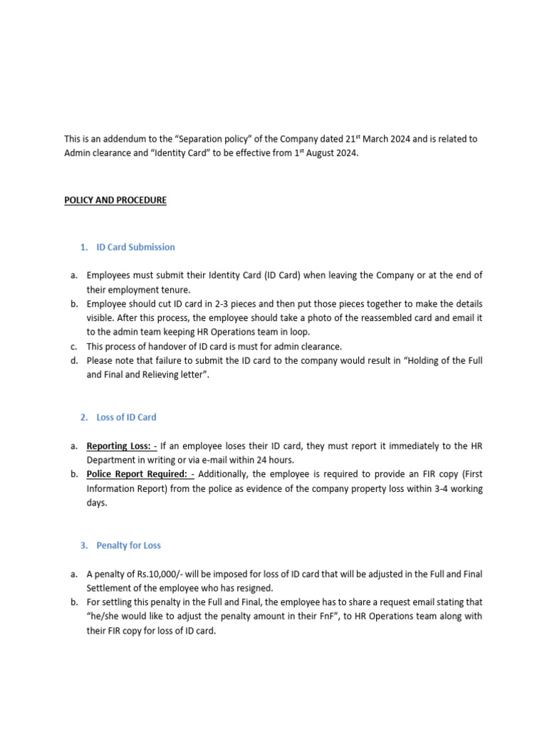 ID Card Submission and Loss Policy | PDF