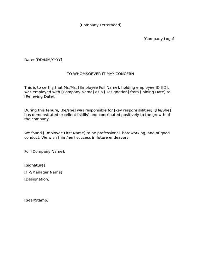 Employment Certification Letter Template | PDF