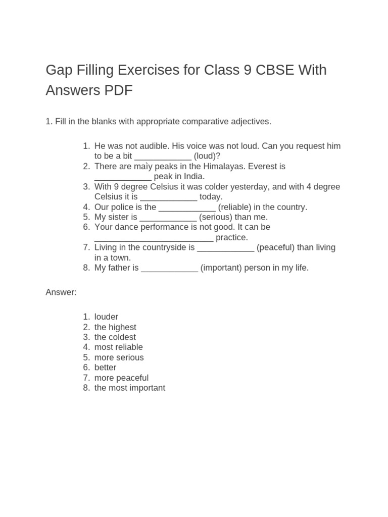 Gap Filling Exercises for Class 9 CBSE | PDF | Linguistics | Grammar