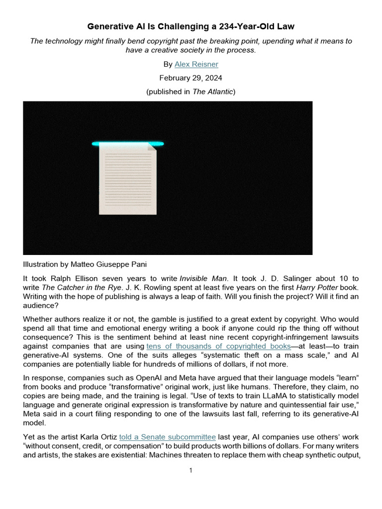 Generative AI vs. Copyright Law Debate | PDF | Fair Use | Google Books