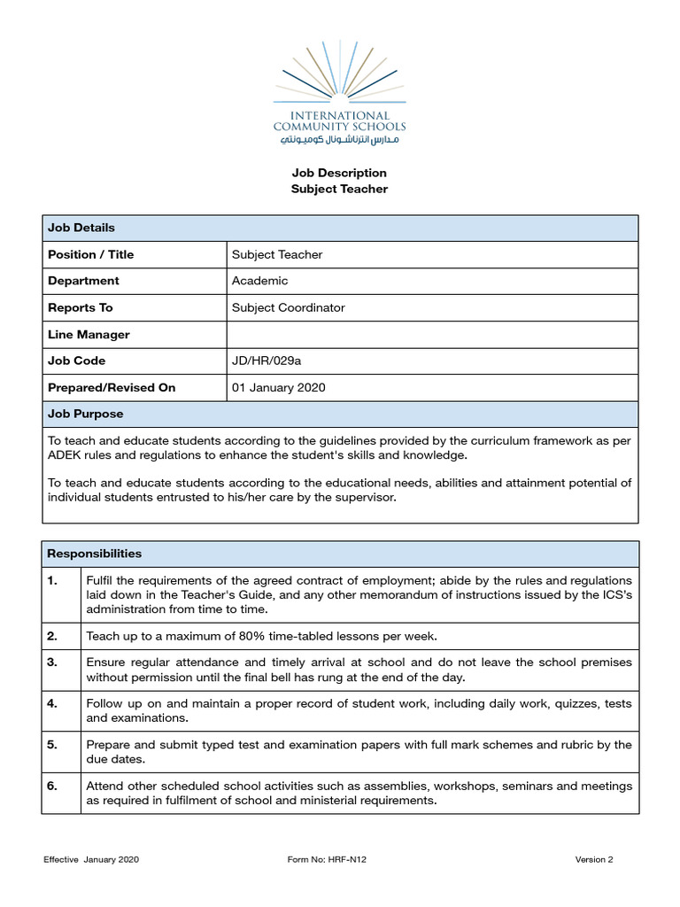 Subject Teacher Job Description | PDF | Teachers | Behavior Modification