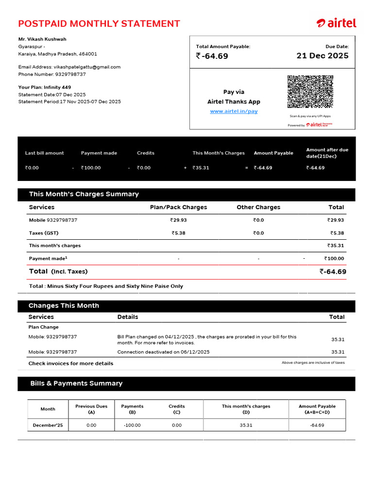 Airtel Postpaid Statement - Dec 2025 | PDF | Cheque | Credit Card