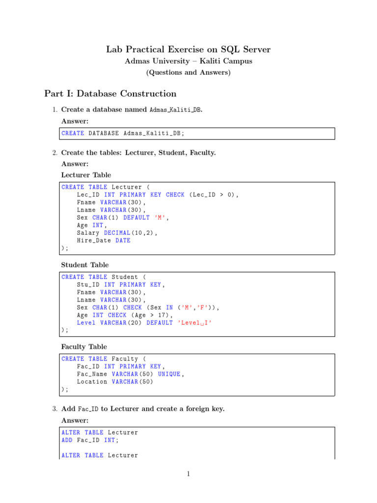 SQL Server Lab Practical Guide | PDF | Data Model | Sql
