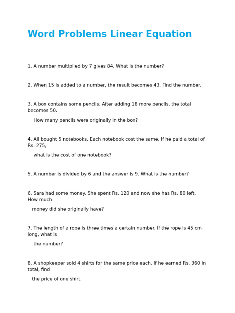 Worksheet - 01 Linear Equation Word Problems | PDF
