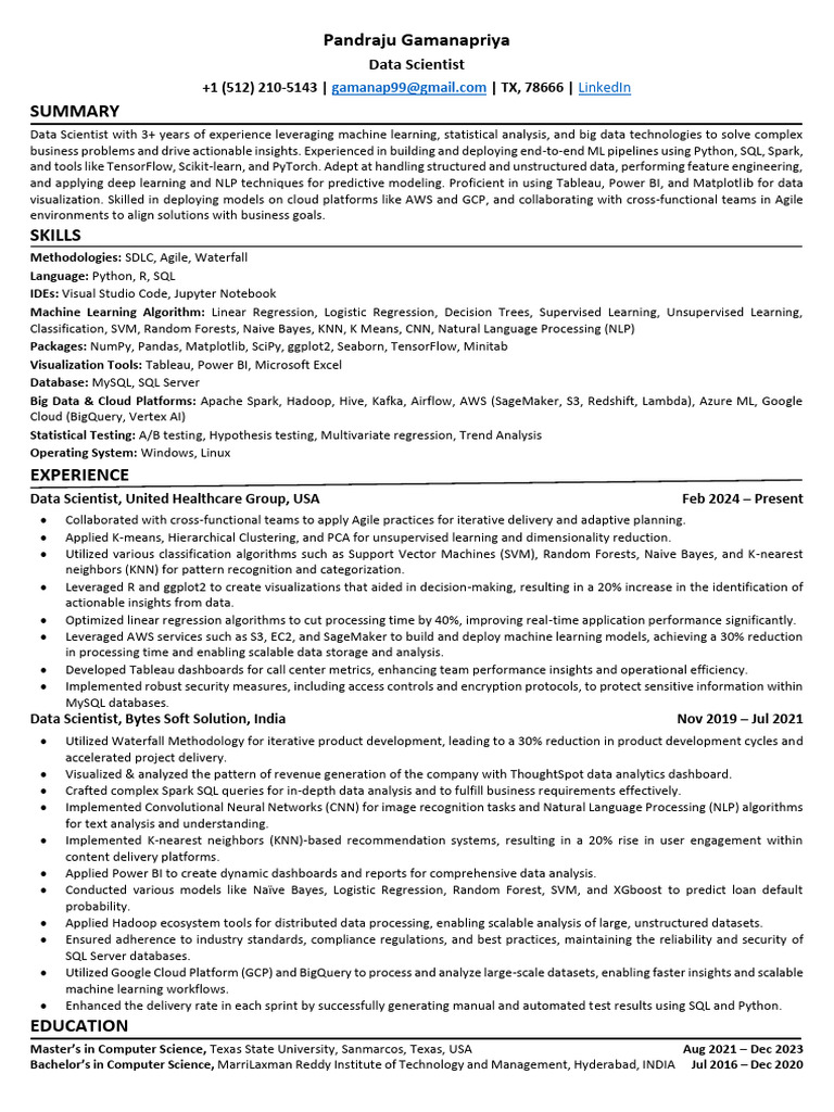 Pandraju’s Resume 1 | PDF | Support Vector Machine | Machine Learning