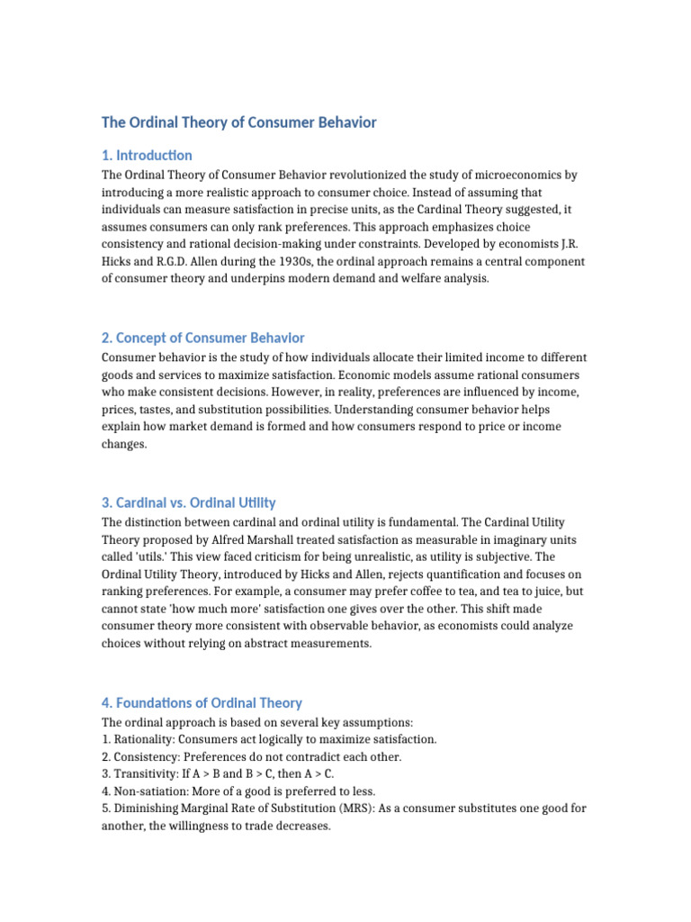 Ordinal Theory in Consumer Behavior | PDF | Utility | Economics