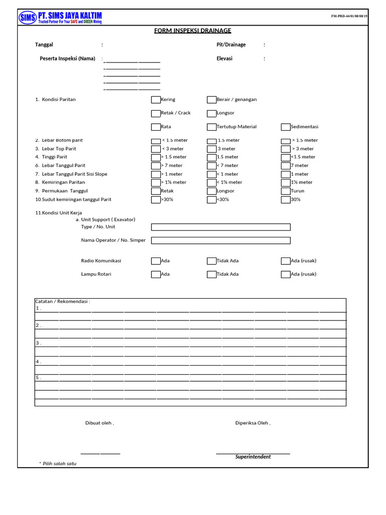 Form Inspeksi Drainase Lengkap | PDF