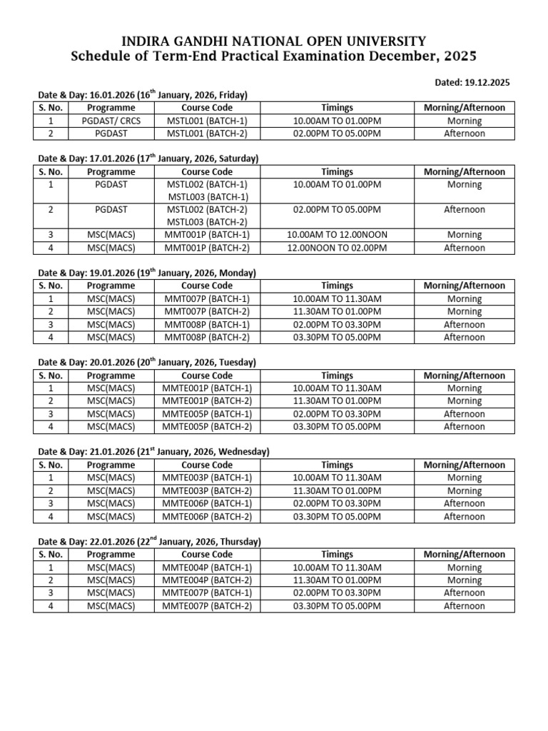 IGNOU Term-End Practical Exam Schedule 2025 | PDF