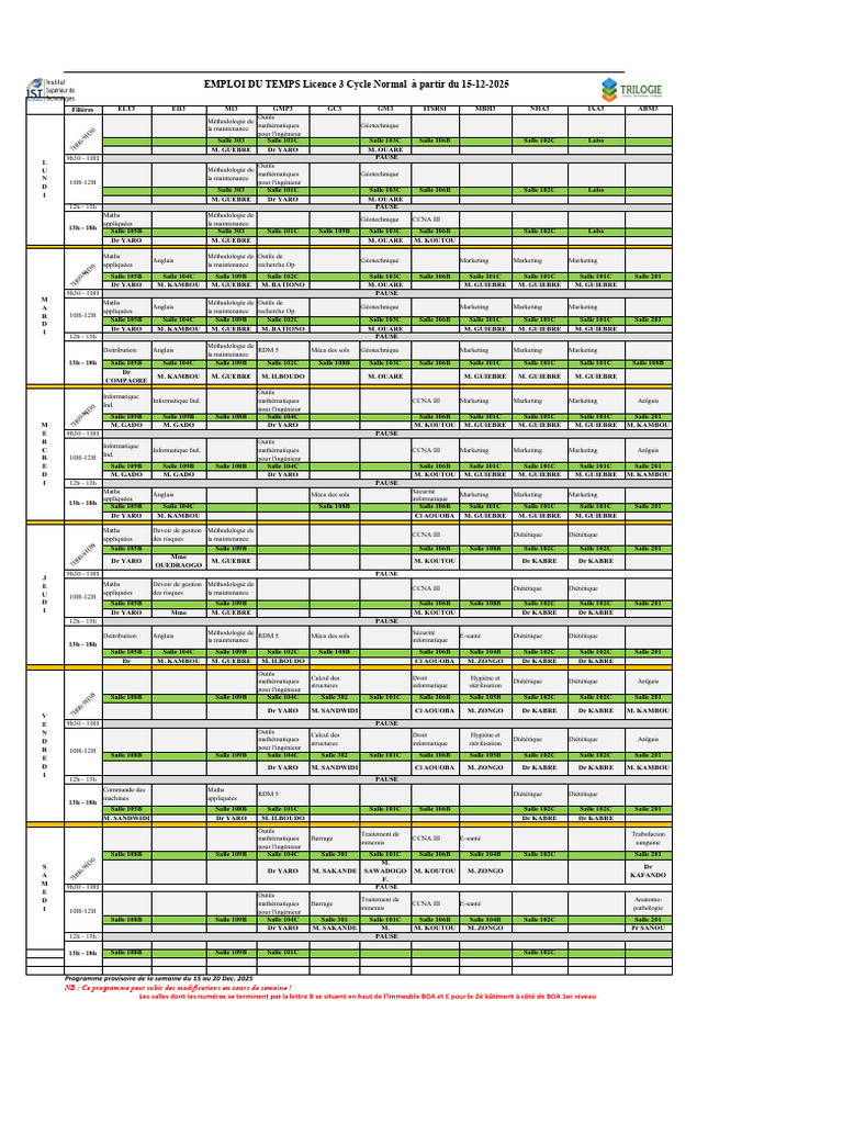 Emploi du temps Licence 3 - Déc 2025 | PDF | Science | Demande